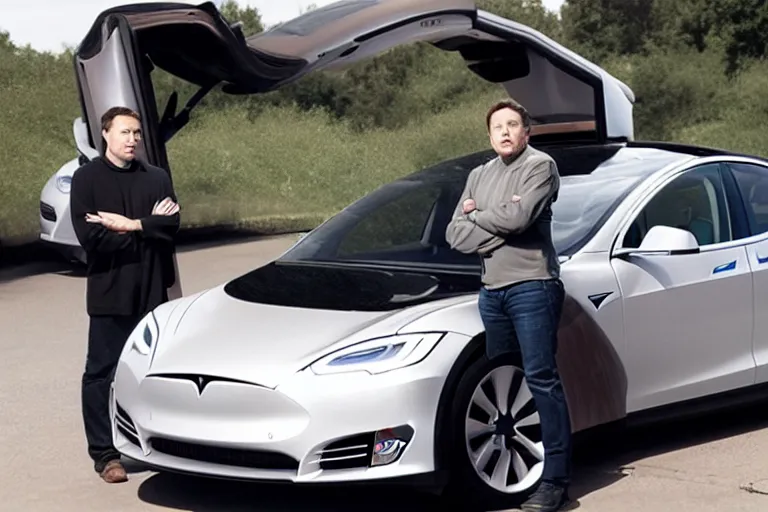 Prompt: elon musk and steve jobs testing the new tesla model, model s, cats, 8k, hyperrealistic, high detail, high resolution