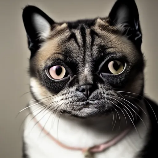 Image similar to a feline cat - pug - hybrid, animal photography