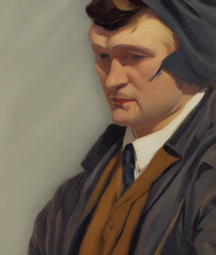 Image similar to a very detailed closeup portrait of a man, a leather jacket over his shoulder, in the style of edward hopper and oswald hornby joseph birley, very small brushstrokes, 4 k,