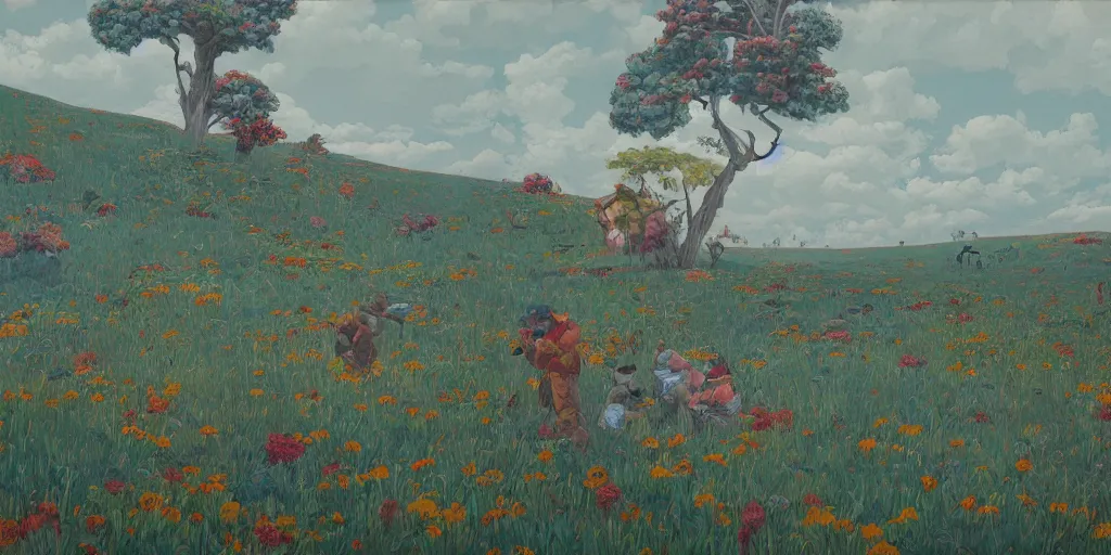 Prompt: landscape painting at noon by james jean and David Schnell painted in no mans land style