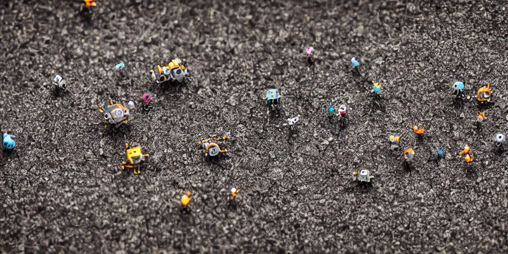 Image similar to macro photography of amazing tiny adorable nanobots in a kung fun battle in a macro ghost town