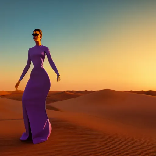 Image similar to avant-garde art, deco fashion, purple and sky blue theme, highly detailed, photorealistic portrait, hyper realistic serene desert setting, golden hour, crisp quality and light reflections, unreal engine 5 quality render