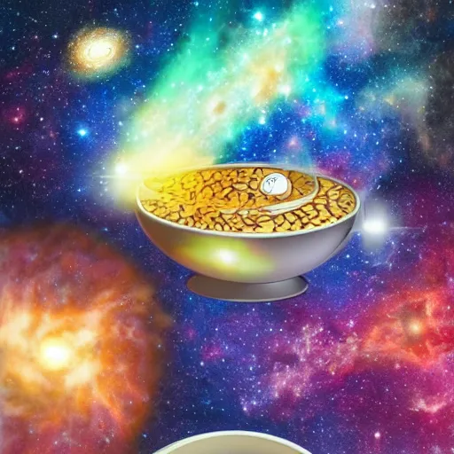 Image similar to a picture of a morning breakfast table with a cereal bowl with a nebula inside, highly intricate and colorful, nebula, galaxy, highly detailed illustration