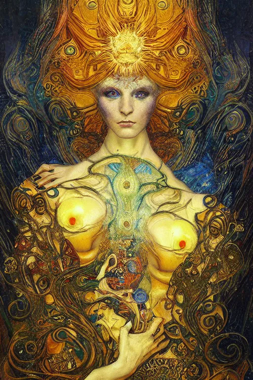 Image similar to Divine Chaos Engine by Karol Bak, Jean Deville, Gustav Klimt, and Vincent Van Gogh, beautiful visionary mystical portrait, sacred, otherworldly, fractal structures, surreal dreamscape, ornate gilded medieval icon, third eye, spirals