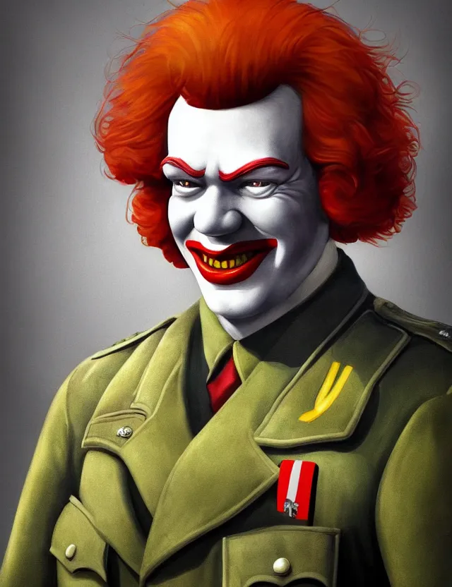 Prompt: a portrait of ronald mcdonald wearing a ww 2 german uniform, by moebius and tyler edlin and hr giger, trending on artstation, digital art, 4 k resolution, detailed, high quality, sharp focus, hq artwork, coherent, insane detail, concept art