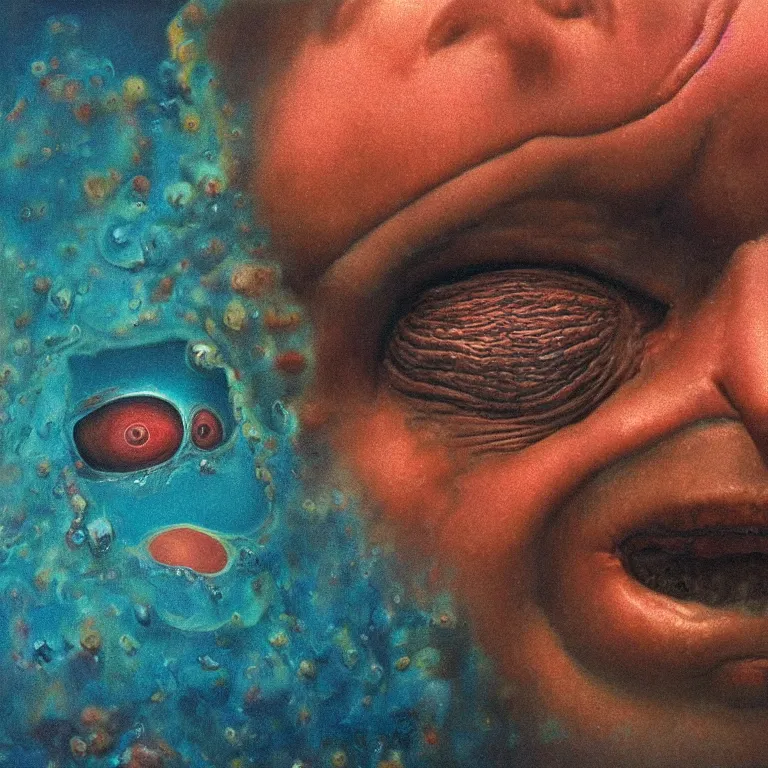 Image similar to Hyperrealistic intensely colored close up studio Photograph portrait of a deep sea bioluminescent Ted Cruz, symmetrical face realistic proportions eye contact golden eyes, Smiling in a coral reef underwater, award-winning portrait oil painting by Norman Rockwell and Zdzisław Beksiński vivid colors high contrast hyperrealism 8k