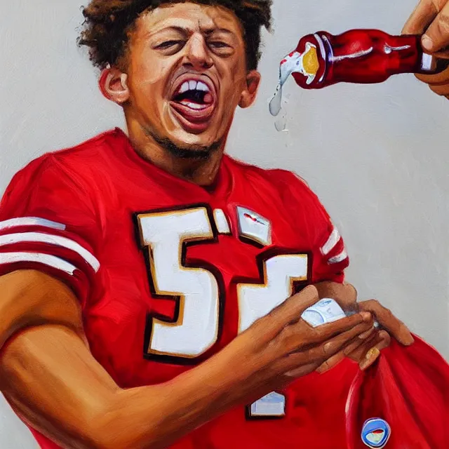 Prompt: oil painting of patrick mahomes squeezing a bottle of ketchup directly into his mouth