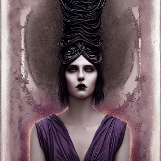 Image similar to by tom bagshaw, photorealistic body shot of a curiosities and absurdities in ultra deep fog, curvy full gothic long dress made of infinite tentacles, purple black lustrous thin haircut, symmetry accurate features, focus, very intricate ultrafine details, award winning masterpiece