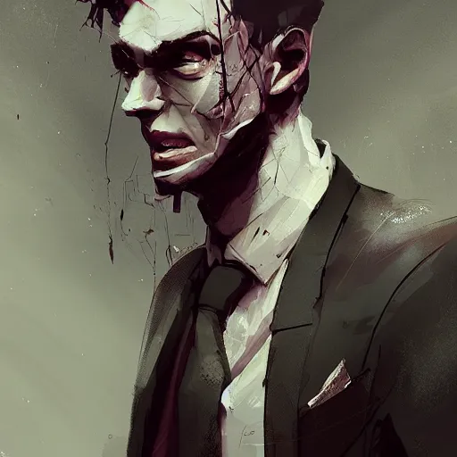 Prompt: human male character art, by Ismail Inceoglu, Kaz Brekker, dark hair, sunken eyes, grinning, scars, grey suit, combed hair, digital art, dungeons and dragons, art