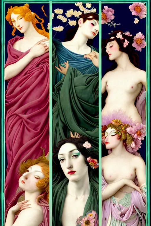 Image similar to 3 Spring Deities, (one representing each month of March, April, and May), in a style blending Æon Flux, Peter Chung, Shepard Fairey, Botticelli, Ivan Bolivian, and John Singer Sargent, inspired by pre-raphaelite paintings, shoujo manga, and unique street fashion, dramatically blossoming flora and fauna, petals falling everywhere, pastel vivid triad colors, hyper detailed, super fine inking lines, ethereal and otherworldly, 4K extremely photorealistic, Arnold render