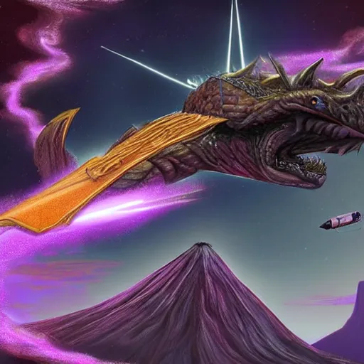 Image similar to a purple dragon fighting a retrofuturistic spaceship with a volcano in the background, concept art by ken steacy