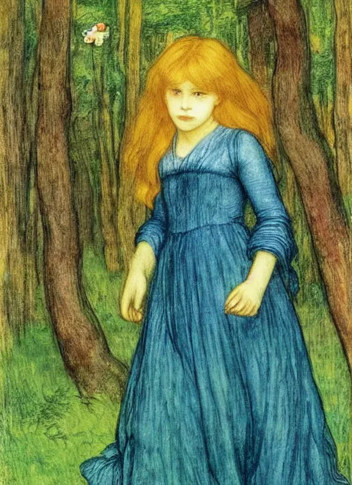 Prompt: i see the back of a little girl in a flowery dress walking away into a forest,, art by dante gabriel rossetti