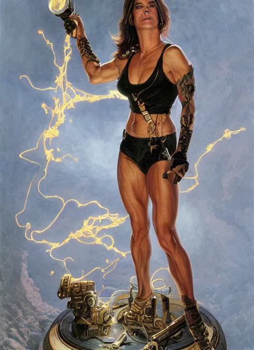 Image similar to Sandra Bullock (1990) as a muscled heroine staring into the camera, torch shadows, foggy night, intricate, elegant, highly detailed, Donato Giancola, Joseph Christian Leyendecker, WLOP, Boris Vallejo, Artgerm