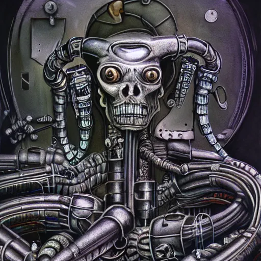 Prompt: Art in the style of H.R. Giger, alchemist robot with bone parts in twisting tubes emerging from grimy sewer, 4k