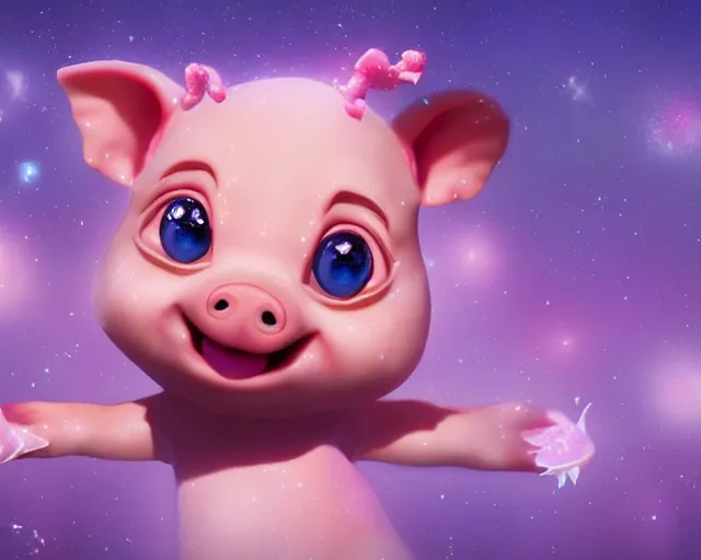 Image similar to 3D Fantasy Cute and adorable space piglet princess, huge adorable eyes, bright stars, Smooth 3D Illustration, soft render, Servando Lupini, Daniil Kudriavtsev, handpaint texture, Blender, 3DCoat