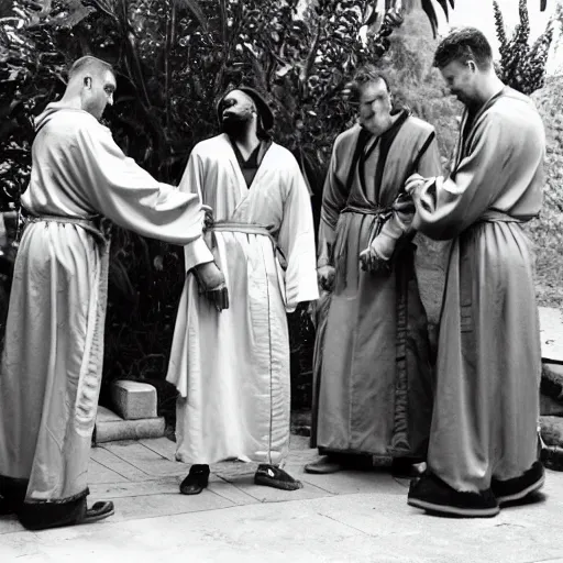 Prompt: a group of men wearing robes and pendants performing a occult ritual outside involving bananas