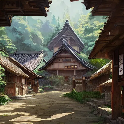 Prompt: concept art painting of a cozy village in a mountainous forested valley, historic english and japanese architecture, realistic, detailed, cel shaded, in the style of makoto shinkai and greg rutkowski and james gurney