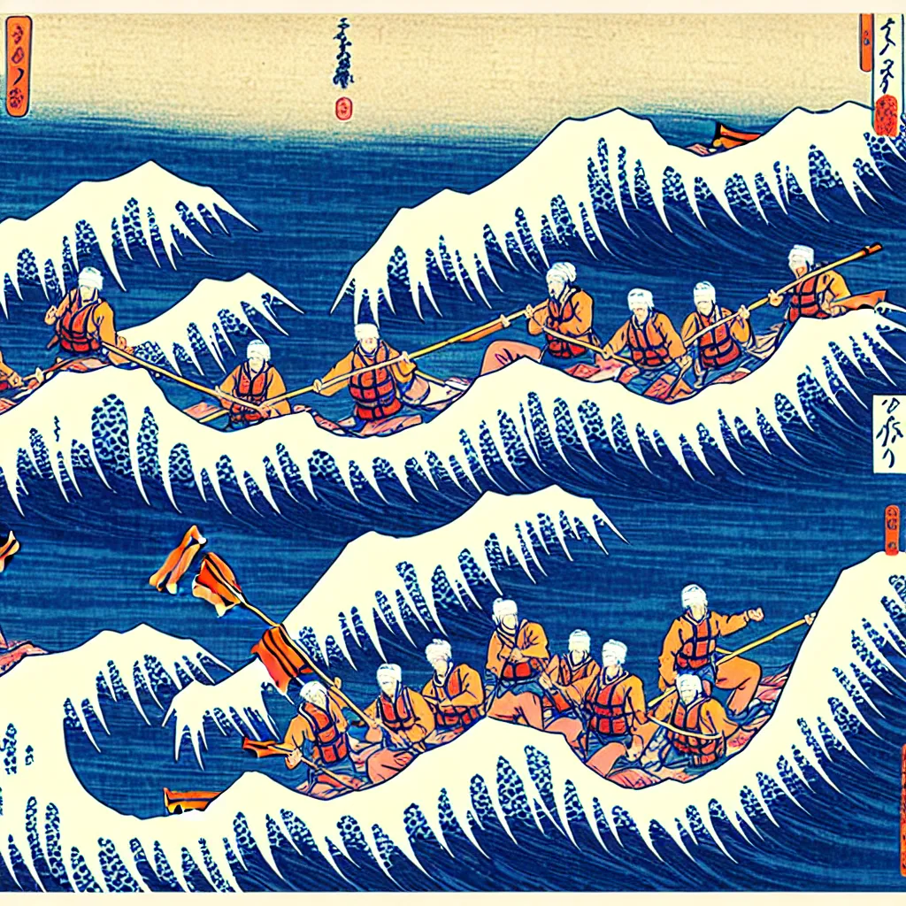 Image similar to river rafting on great wave by hokusai