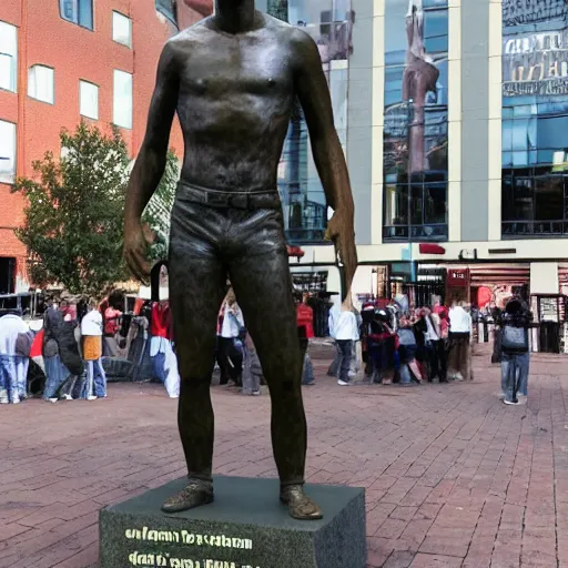 Prompt: a photo of a bronze statue of jeffrey dahmer in the middle of a busy town square,