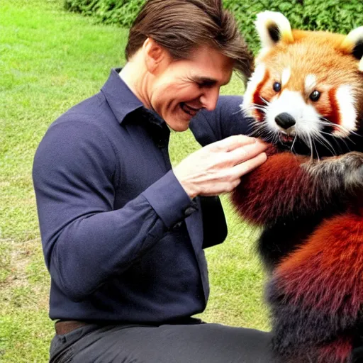 Image similar to tom cruise petting his pet red panda