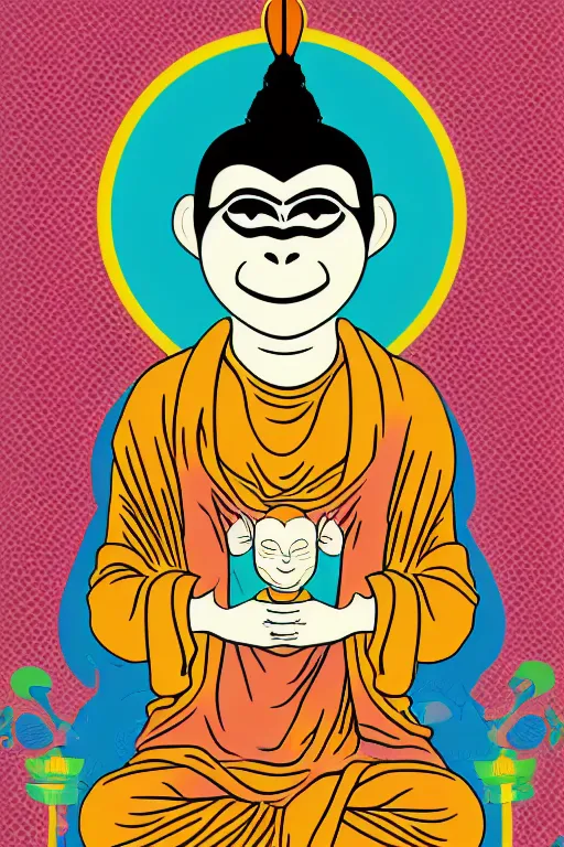 Image similar to a vector based illustration about a monkey Buddhist in the style of pop art, no gradients