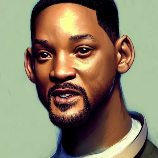 Image similar to “Portrait of Will Smith by Greg Rutkowski, young, manly, attractive, strong, older brother vibes, highly detailed portrait, scifi, digital painting, artstation, concept art, smooth, sharp foccus ilustration, Artstation HQ”