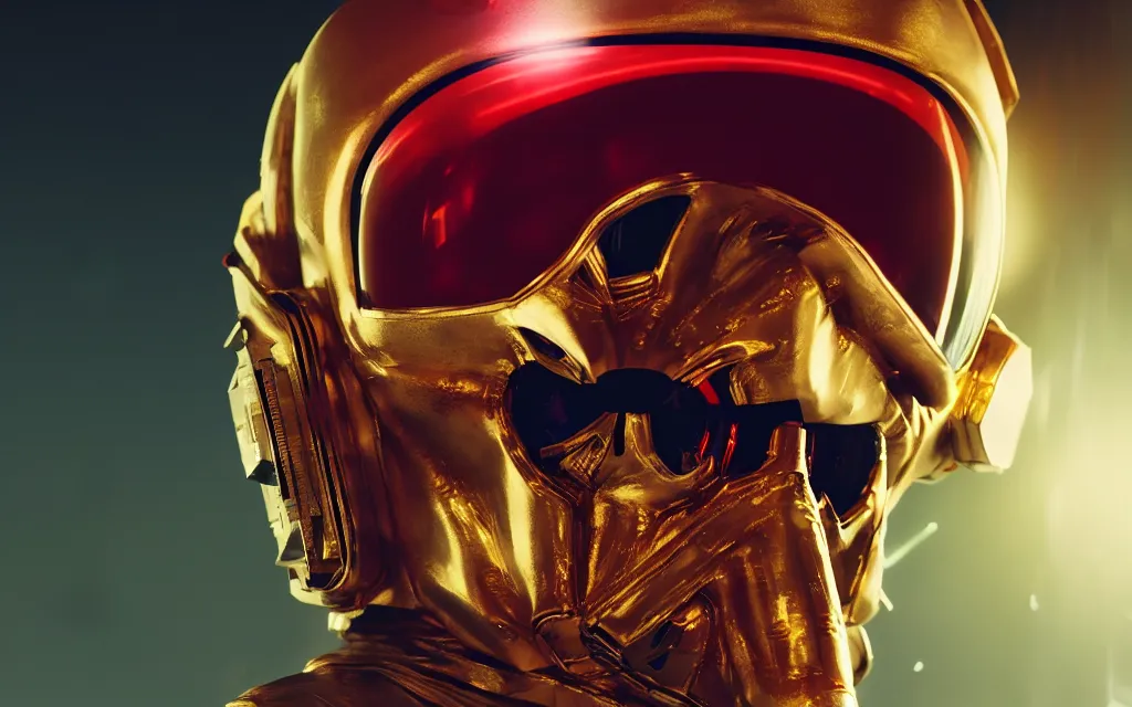 Image similar to angry ornate red skull in astronaut suit, gold linens, cinematic lighting, dramatic, octane render, long lens, shallow depth of field, bokeh, anamorphic lens flare, 8k, hyper detailed, 35mm film grain, hazy