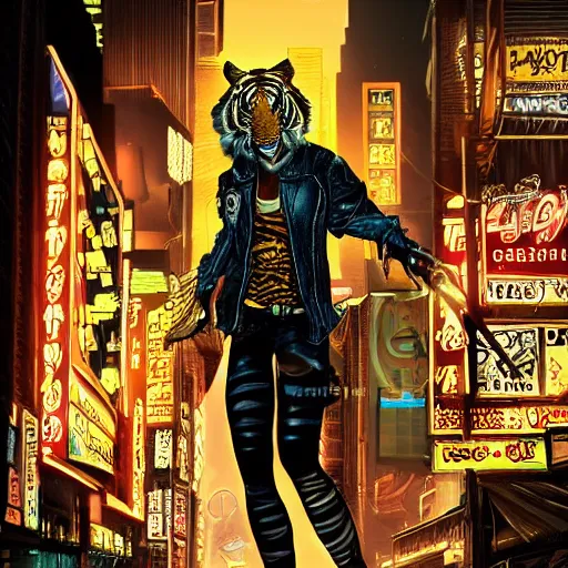 Image similar to a beautfiul award winning commission portrait of an anthro tiger in the neon cyberpunk city at night,wearing a leather jacket,glow effect,detailed face,photorealistic,character design by charles bowater,ross tran,deviantart,artstation,digital art,hyperdetailed,realistoc,western comic style,vfx,dramatic