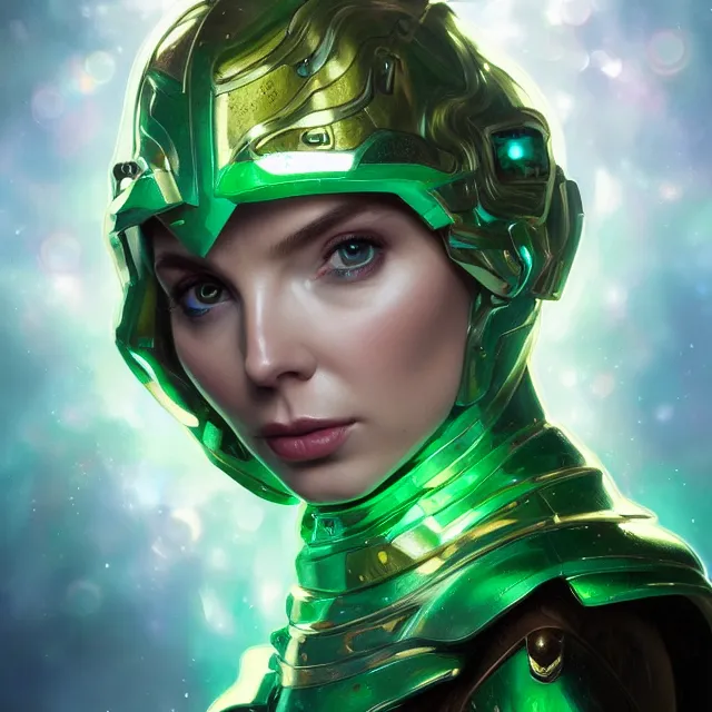 Prompt: close up portrait of jodie comer wearing shiny emerald armor, glowing blonde hair, glowing green eyes, glowing green armor, subsurface scattering, ethereal, artistic, temple background with light rays, fantasy atmosphere. art by artgerm, greg rutkowski and alphonse mucha, 3 d artstation octane render,