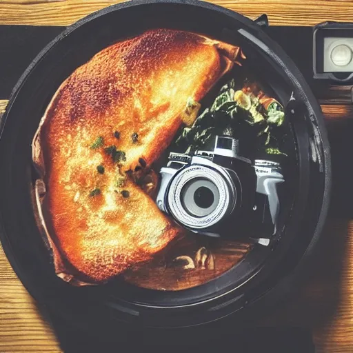 Prompt: “a high resolution picture of a camera on a tripod taking a picture of gourmet food”