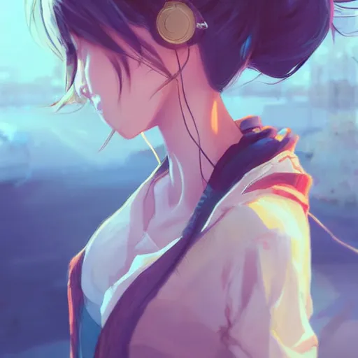 Prompt: attractive!!!!!!!!! girl!!!!!!!!!!!!!, hair in messy bun, wearing headphones, studying at desk, bedroom setting, golden hour, digital art, art by rossdraws, artgerm, anime scenery by Makoto Shinkai