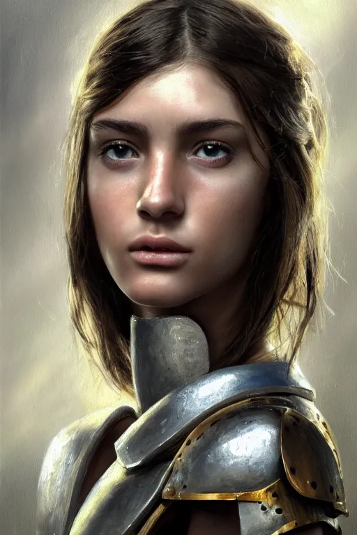 Image similar to a photorealistically painted portrait of an attractive young girl, partially clothed in battle armor, with an abstractly painted background, flawless olive skin, fair complexion, long dark hair, beautiful bone structure, perfectly symmetric facial features, perfect photorealistic eyes, natural physique, intricate, elegant, digital painting, concept art, finely detailed, beautifully illustrated, sharp focus, minimal artifacts, volumetric lighting, from Metal Gear, by Ruan Jia and Mandy Jurgens and Artgerm and William-Adolphe Bouguerea, in the style of Greg Rutkowski, trending on Artstation, award winning art