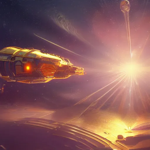 Prompt: colossal dream bot mothership in outer space beam of light downwards, golden hour, intricate details, sharp focus, digital art, hyper realistic, 4 k, unreal engine, highly detailed, hd, dramatic lighting by brom, trending on artstation