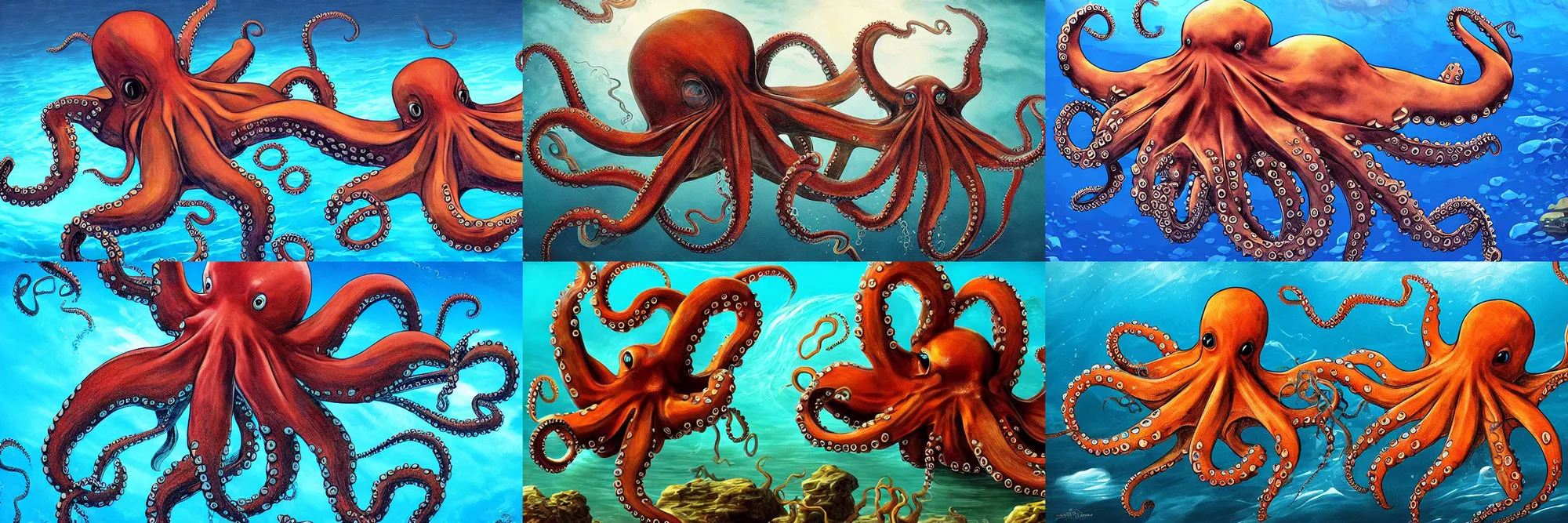 Prompt: powerful, grossly muscled octopus at bottom of the ocean, fantasy artwork