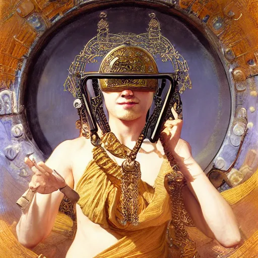 Image similar to buddhist monk blindfolded with high - teh vr steampunk headset armour baroque style, painting by gaston bussiere, craig mullins, j. c. leyendecker, lights, art by ernst haeckel, john william godward, hammershøi,