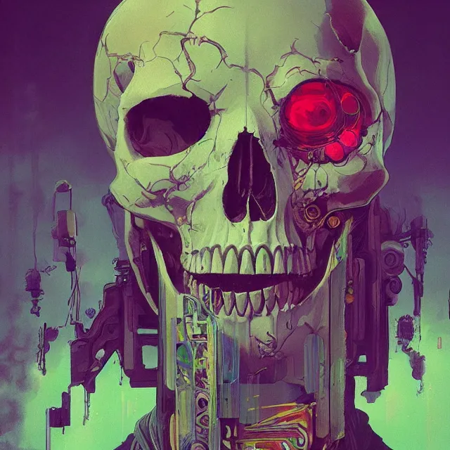 Prompt: a beautiful portrait painting of a ( ( ( cyberpunk ) ) ) skull by simon stalenhag and pascal blanche and alphonse mucha and nekro. in style of digital art. colorful comic, film noirs, symmetry, brush stroke, vibrating colors, hyper detailed. octane render. trending on artstation
