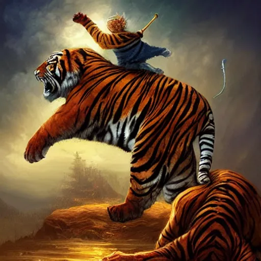 Image similar to A Wizard battling a Tiger, Photo Credit: National Geographic, digital art, masterpiece; trending on ArtStation; by MotG digital painting by R.J. Palmer; by Anato Finnstark