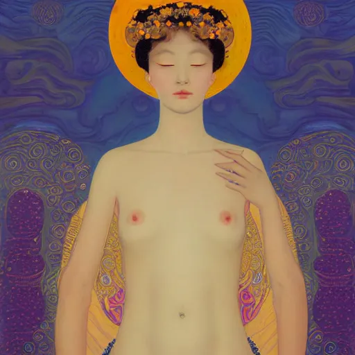 Prompt: a portrait of a very beautiful goddess with halo behind her head, in the style of WLOP and Hsiao-Ron Cheng and Gustav Klimt