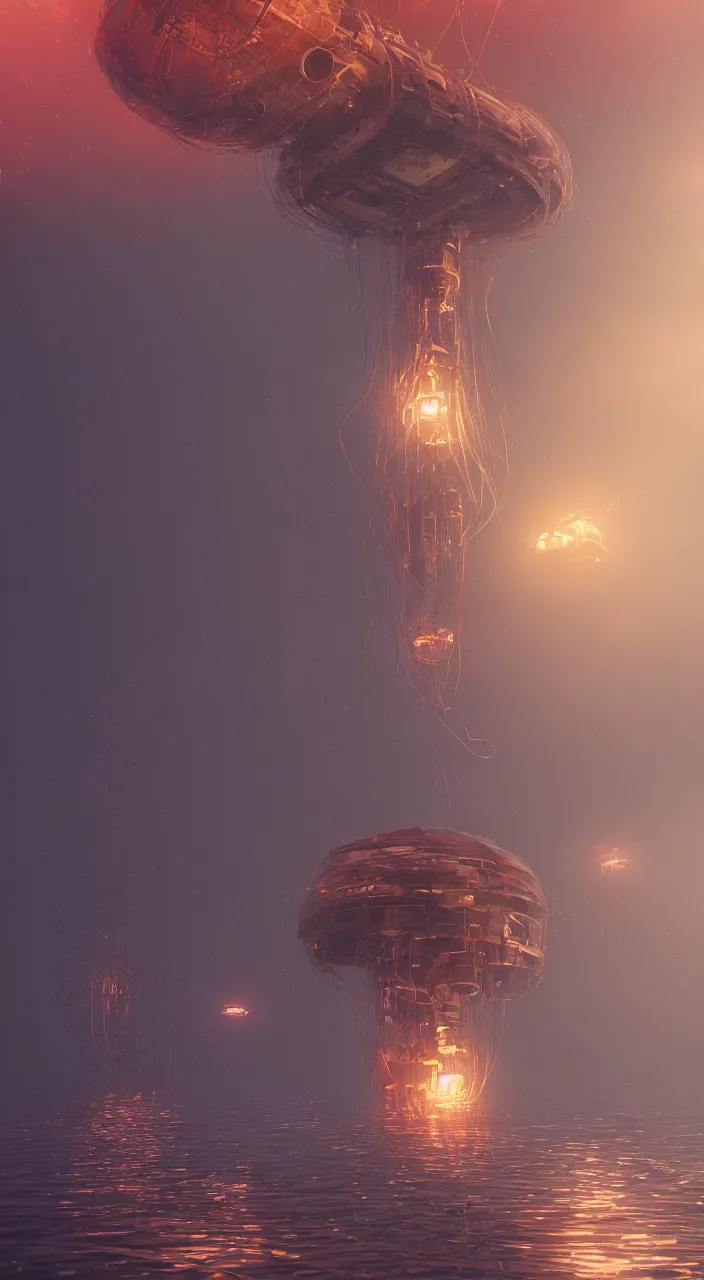 Prompt: underwater building that resembles cyberpunk man o war jellyfish, james gurney, thomas kinkade, cinematic lighting, artstation, vibrant nature, tuomas korpi, tekkon kinreet, volumetric light, artstation, octane render, redshift render, low angle camera, rich deep moody colors