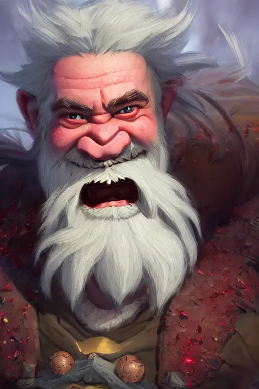 Prompt: smiling dwarf with white hair, red eyes, red iris, long beard, pale snow white skin, full body character portrait, colorful, octane render, unreal engine, studio lighting, photorealistic, digital art by studio ghibli and greg rutkowski