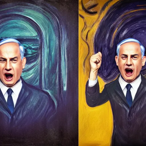Prompt: Benjamin Netanyahu in The Scream painting by Edvard Munch, unreal 5, DAZ, hyperrealistic, octane render, cosplay, RPG portrait, dynamic lighting