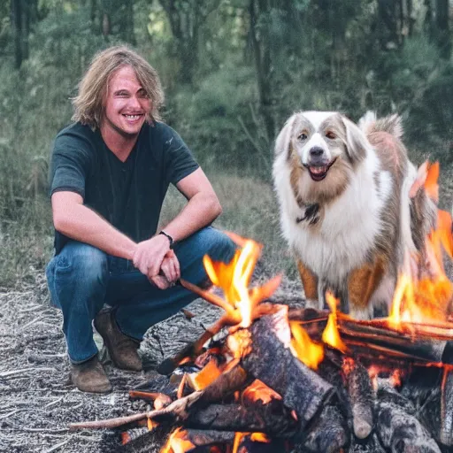 Image similar to photo of hillbilly with long blonde hair and his australian shepherd around a bonfire, symmetric face
