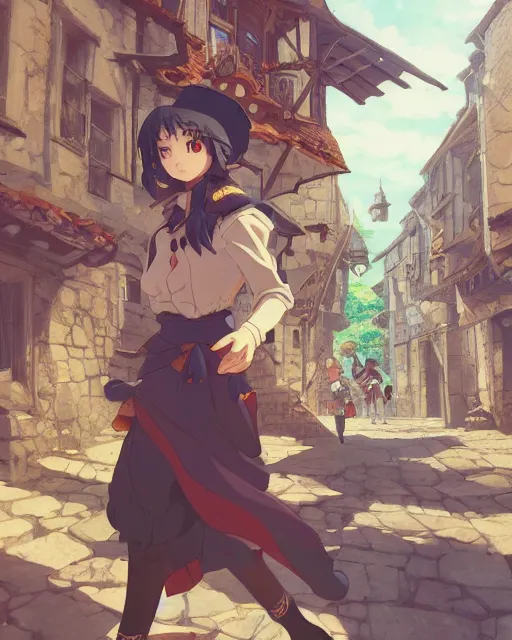 Image similar to key anime visual portrait of a young female walking through a medieval village, dynamic pose, dynamic perspective, cinematic, detailed silhouette, film grain, tending on artstation, face by yoh yoshinari, detailed, intricate