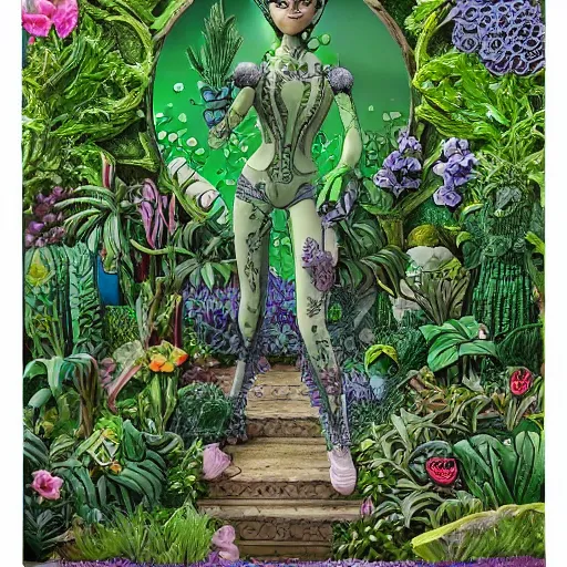 Image similar to intricate detailed Garden, Green Witch Walking her Garden, magical garden plant creatures, enchanted, life like plants, In style of 1992 X-Men: The Animated Series, high detail