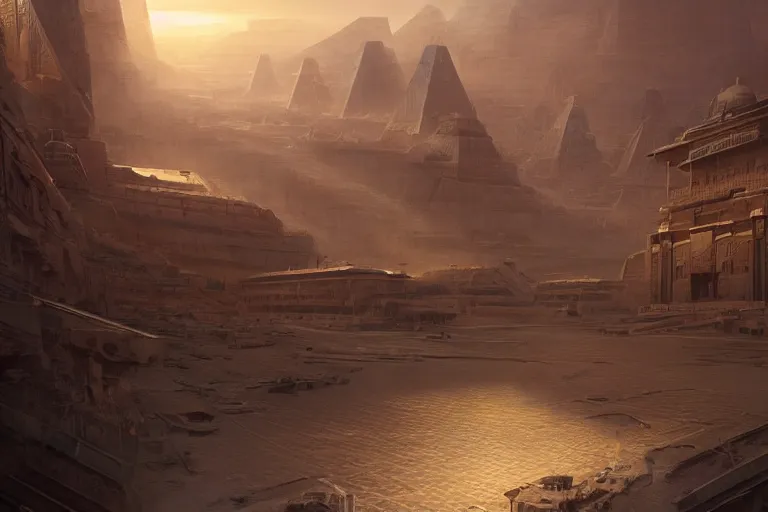 Image similar to futuristic oriental egyptian city, matte painting, long shot, concept art, wide shot, digital art, trending on artstation, 4 k, extremely detailed, realistic, midday, warm colors, golden sunlight, by greg rutkowski, cinematic, epic