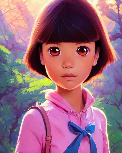 Image similar to real girl dora the explorer wearing her cloth made from leather, fine detail!! anime!! realistic shaded lighting!!, kim hyun joo, digital painting by ilya kuvshinov, magali villeneuve, artgerm, jeremy lipkin and michael garmash and rob rey