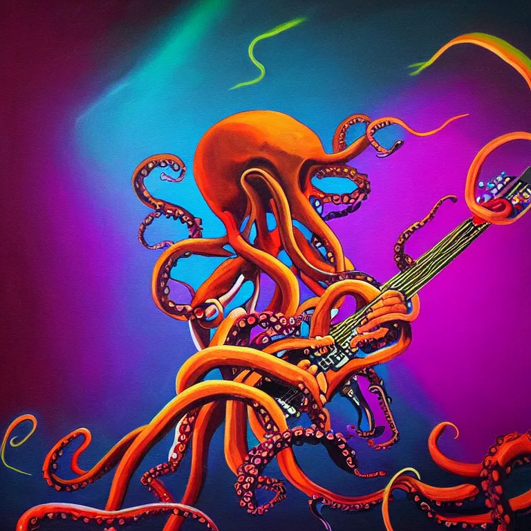 Image similar to a beautiful painting by robbie trevino of a couple of octopus playing drums and telecaster guitar in an electronic concert, touch designer projection background, concert light, dark mood, warm lights