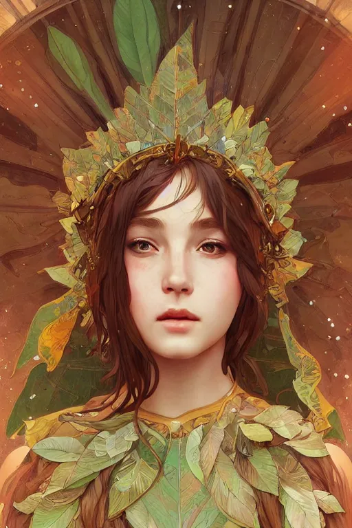 Image similar to beautiful ancient girl in makeshift leaf armor, deep space on background, highly detailed, digital painting, artstation, sharp focus, illustration, art by tan zi and ayanamikodon and alphonse mucha and wlop