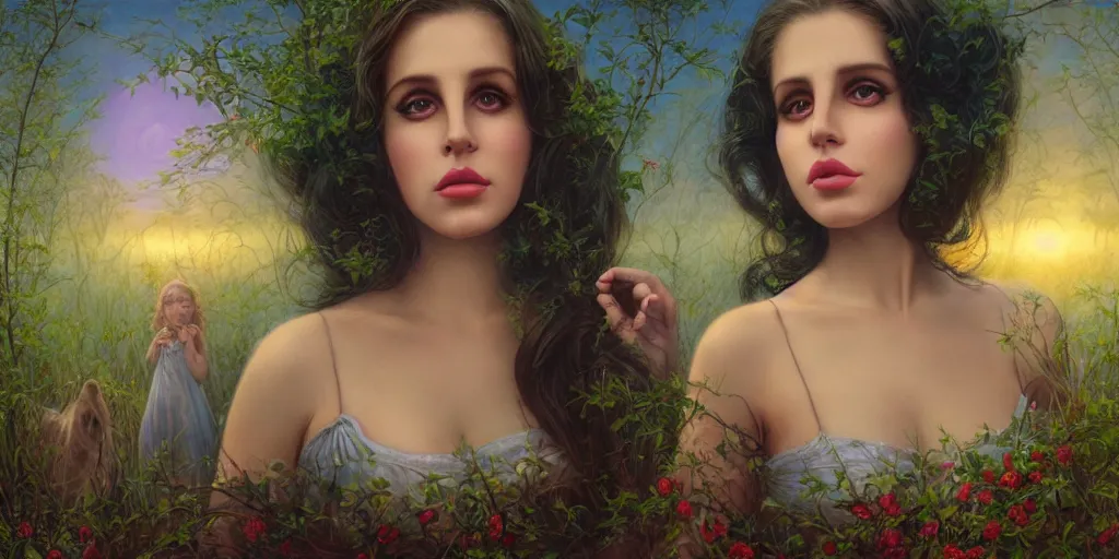 Image similar to big-eyed Lana Del Rey staring into the camera, sundown misty firefly wisps, Lilia Alvarado, Sophie Anderson, Mark Arian, Bob Byerley, Charlie Bowater, Mark Brooks, Steve Henderson, Justin Gerard, Arthur Hughes, Edward Robert Hughes, Mark Keathley, Victor Nizovtsev, Carlos Shwabe, Ross Tran, WLOP