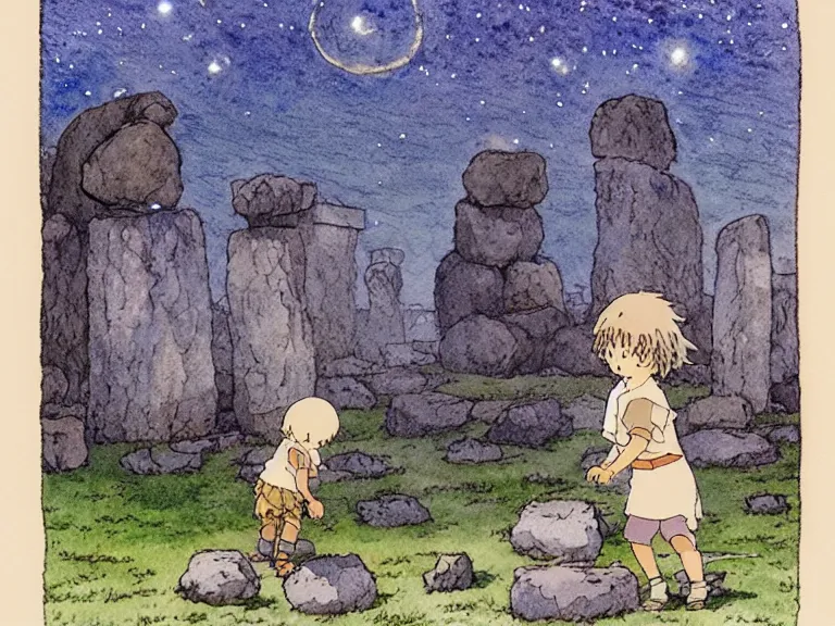 Image similar to a simple watercolor studio ghibli movie still fantasy concept art of a giant kid playing with stones like they are toys in stonehenge. it is a misty starry night. by rebecca guay, michael kaluta, charles vess